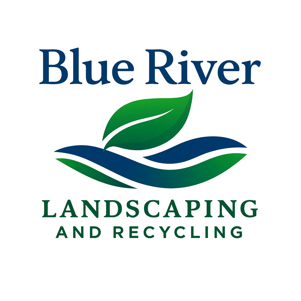 Blue river Landscaping supplies logo of a leaf on a river